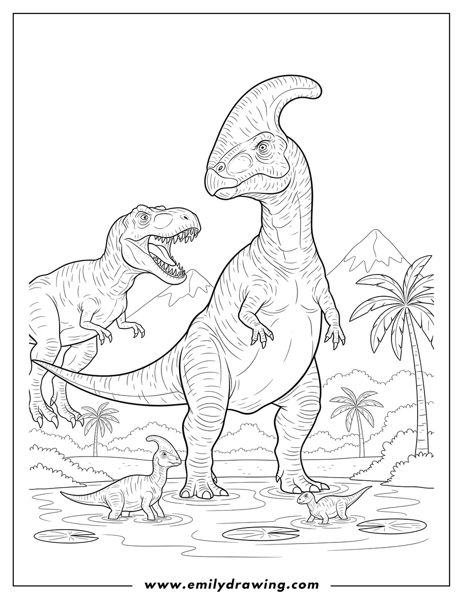 Simple sketch of parasaurolophus standing, looking at a roaring predatory dinosaur, with young dinosaurs wading to color