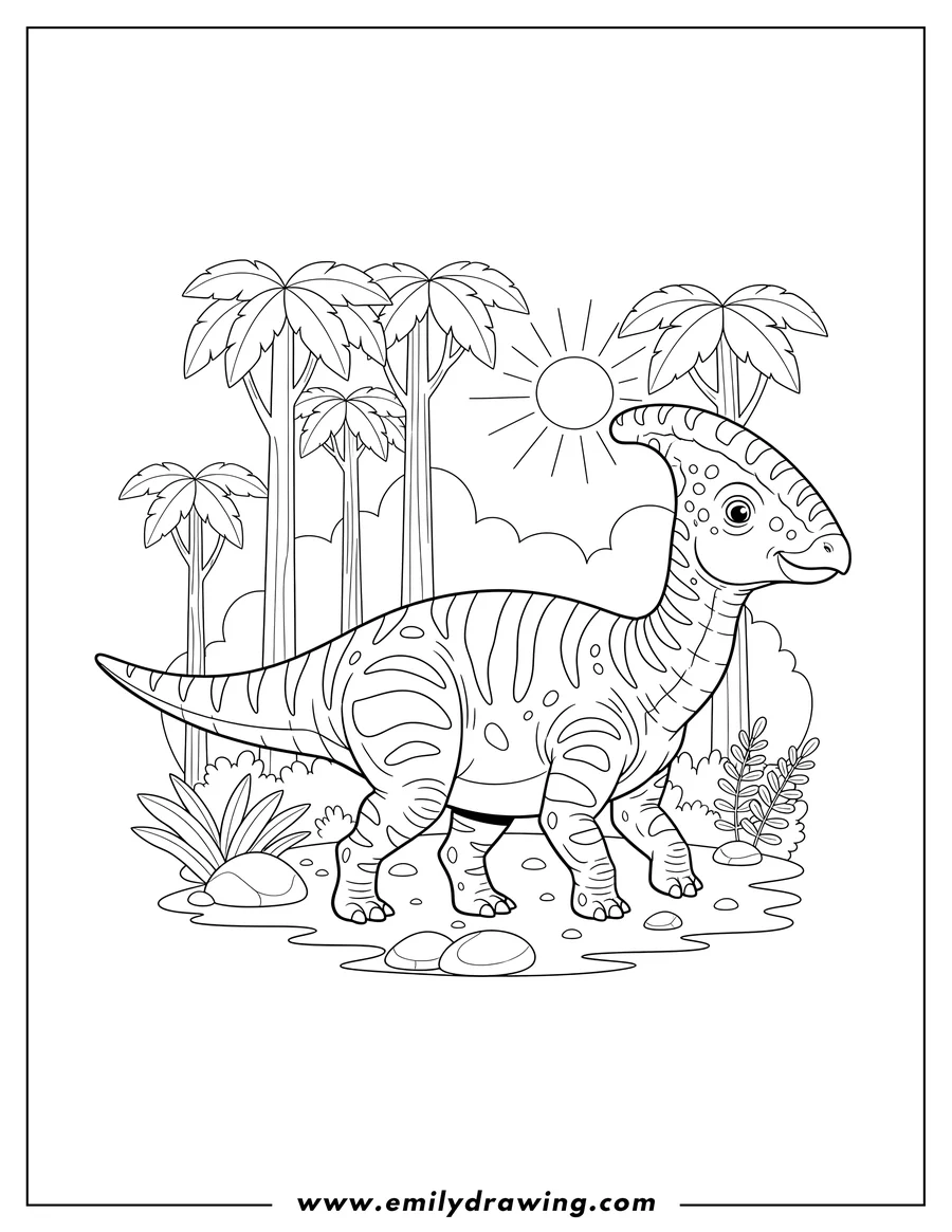 Outline drawing of parasaurolophus Walking Forest with stripes