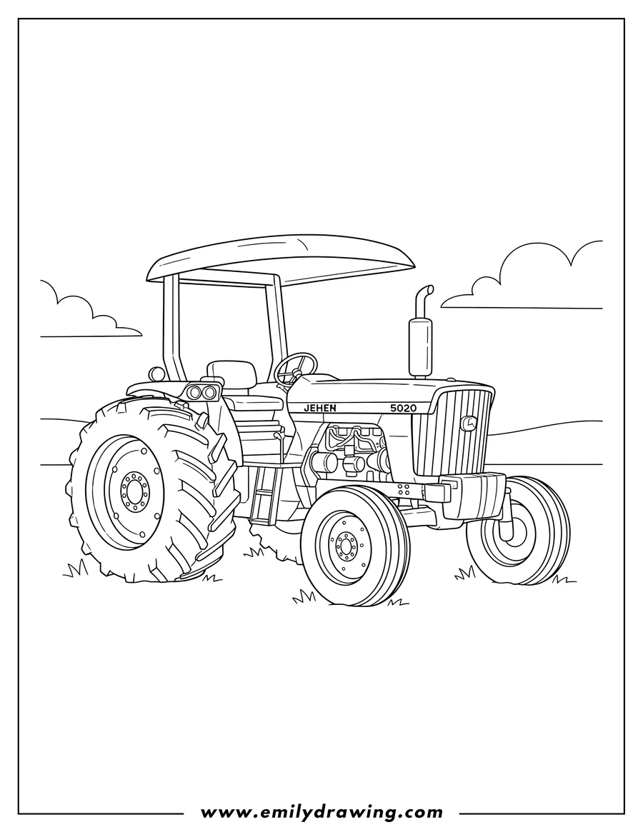 Simple sketch of parked John Deere 5020 tractor with a canopy to color
