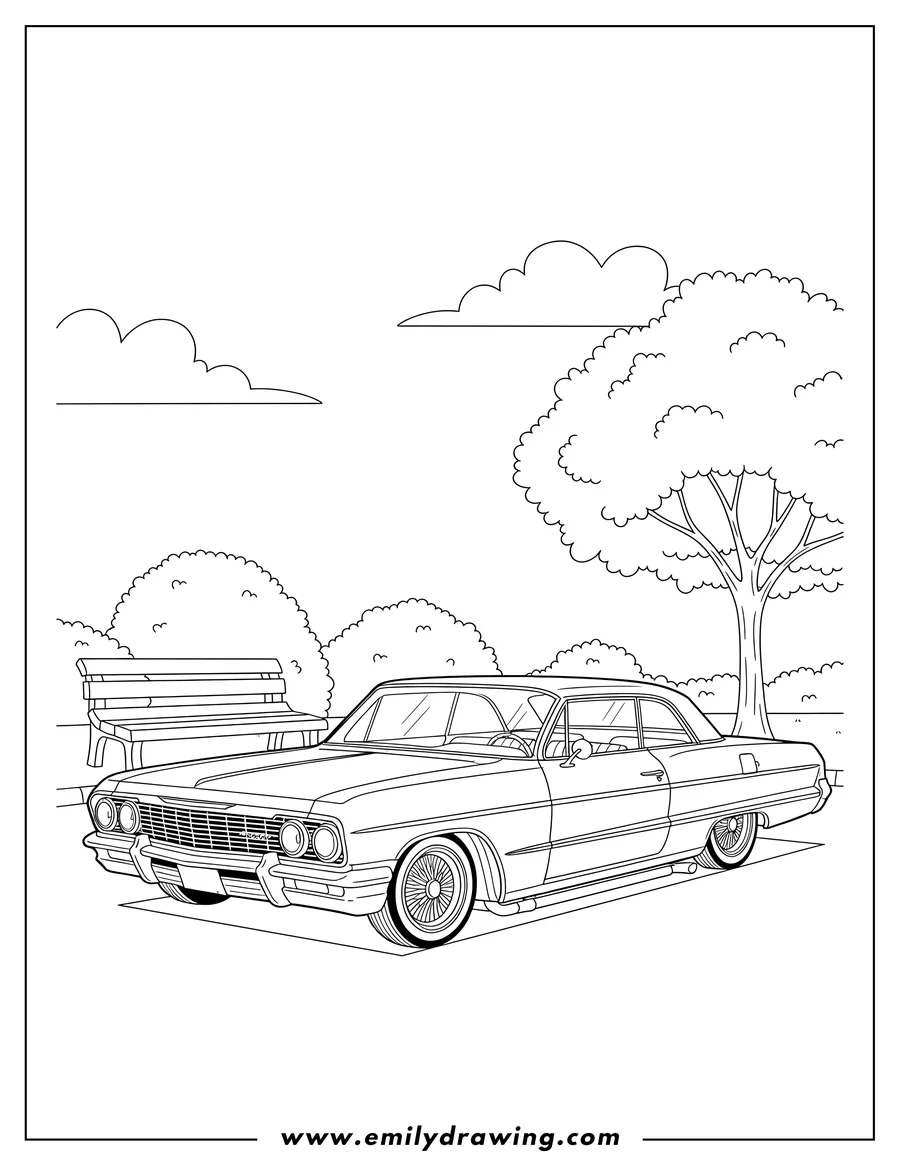 Black and white line art of parked classic lowrider car with wire wheels