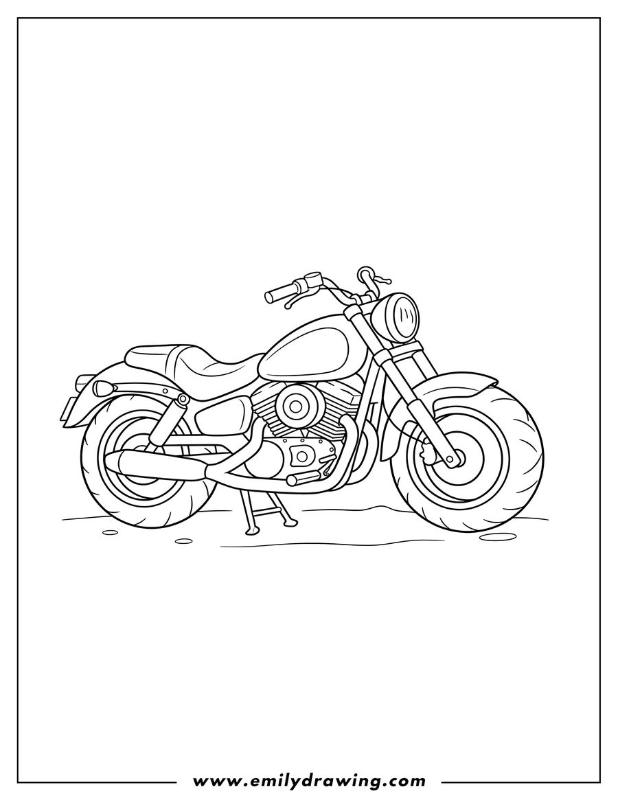 Black and white line art of motorcycle parked on a kickstand, side view