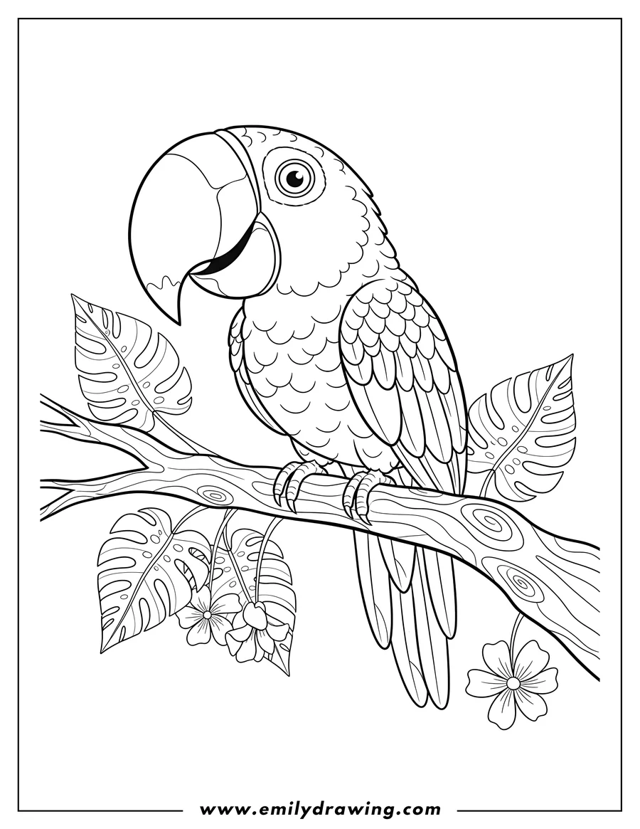 Downloadable coloring page of parrot With Large Beak To Color, sitting on a branch