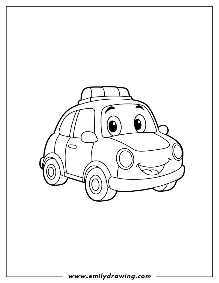 Linear illustration of pat Police Car for preschoolers, with a friendly smiling face and a siren on top