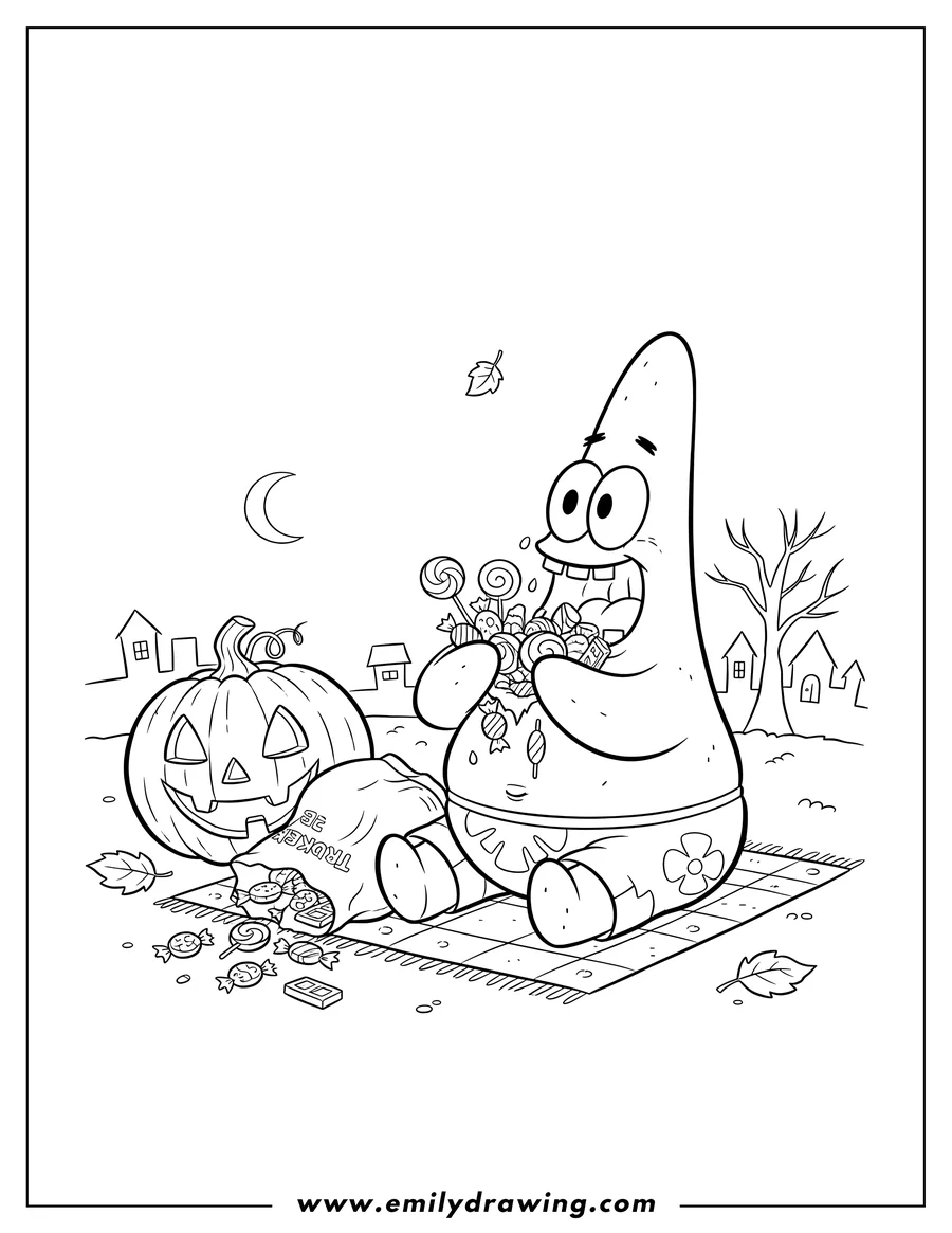 Printable coloring page of patrick Star Eating Candies On Halloween, sitting next to a jack-o'-lantern with his mouth wide open