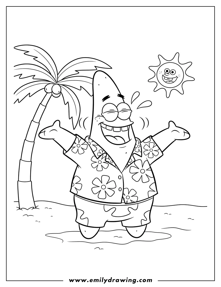Linear illustration of patrick Star in hula shirt and shorts, laughing with arms out