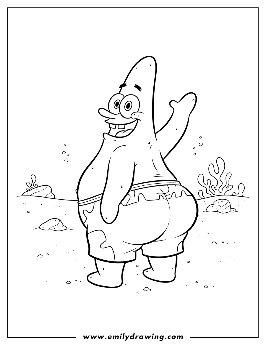 Black and white line art of patrick Star showing off his big butt in shorts, looking over his shoulder with one arm raised