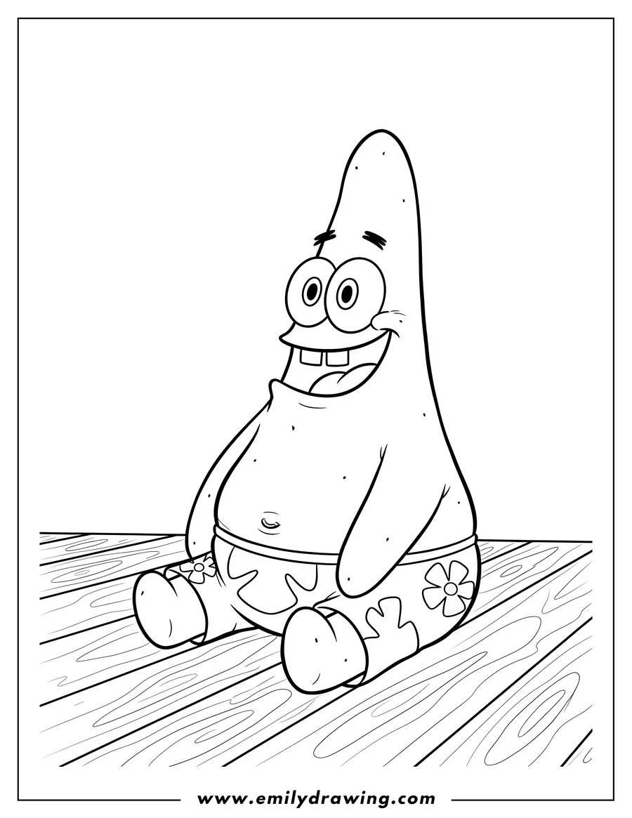 Downloadable coloring page of patrick Star sitting on a wooden floor, grinning widely and wearing swim shorts