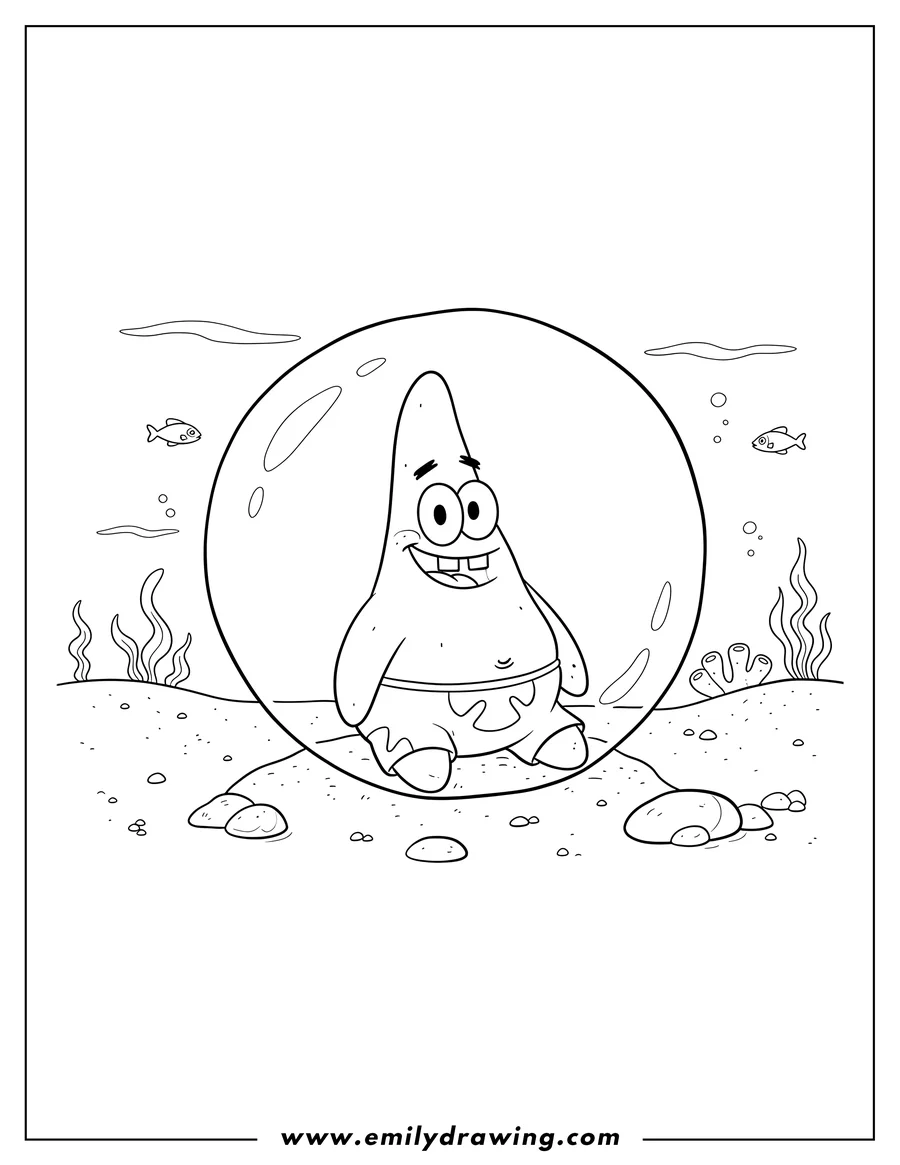 PDF style coloring page: patrick Star smiling in a large bubble, resting on a rocky seabed