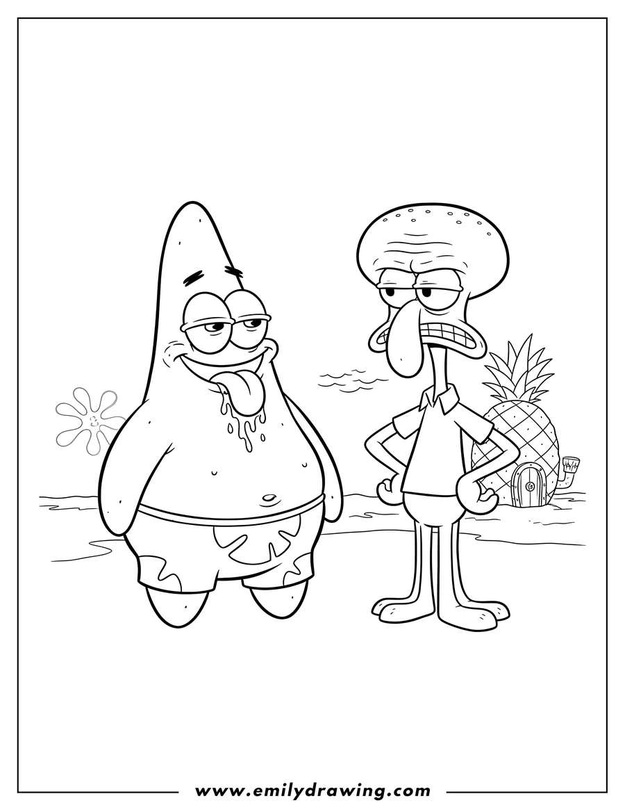 Free to print drawing of patrick Star drooling and sticking tongue out at annoyed Squidward with hands on hips