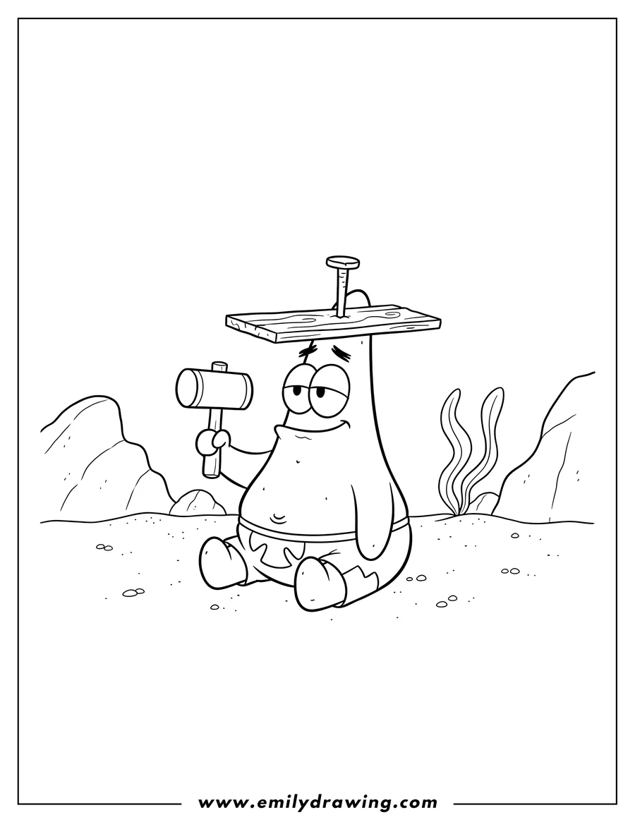 High quality printable patrick Star With Nail And Plank On His Head, holding a hammer and sitting for coloring