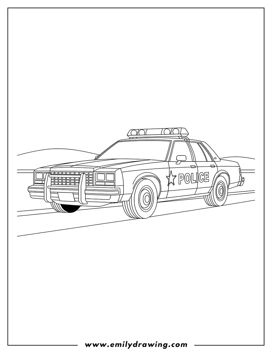 Clean line drawing: 1980s Style Highway Patrol Car with light bar and push bar, To Color Scaled