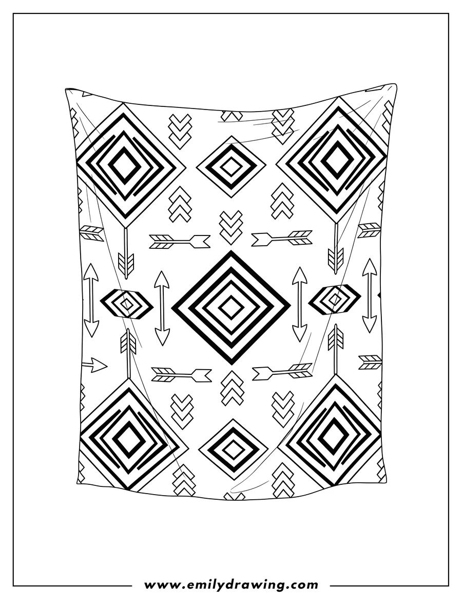Linear illustration of native American Pattern On Fabric, featuring geometric diamonds, zigzags, and arrows