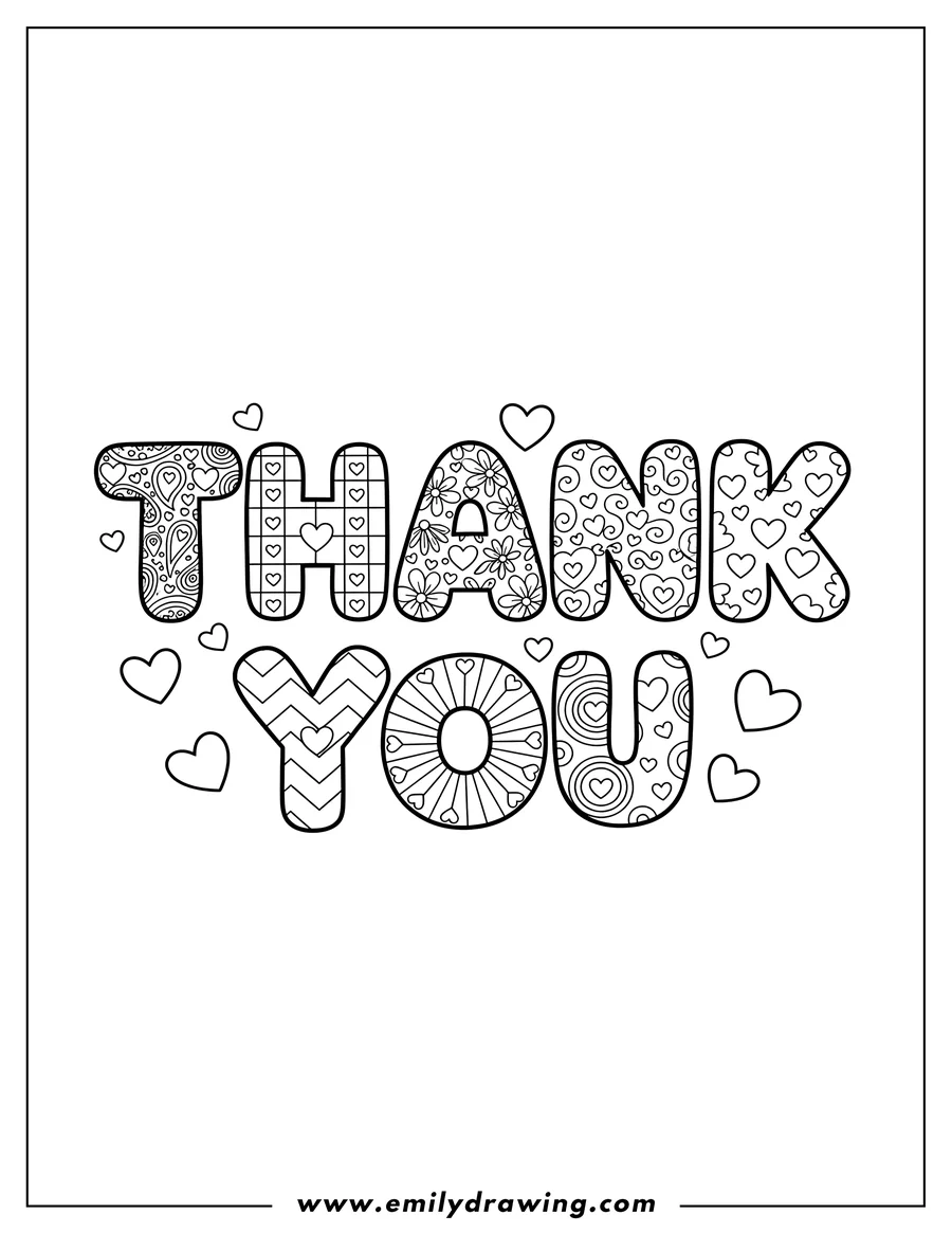 Printable line art of patterned Thank You words, each letter with a unique pattern and heart details