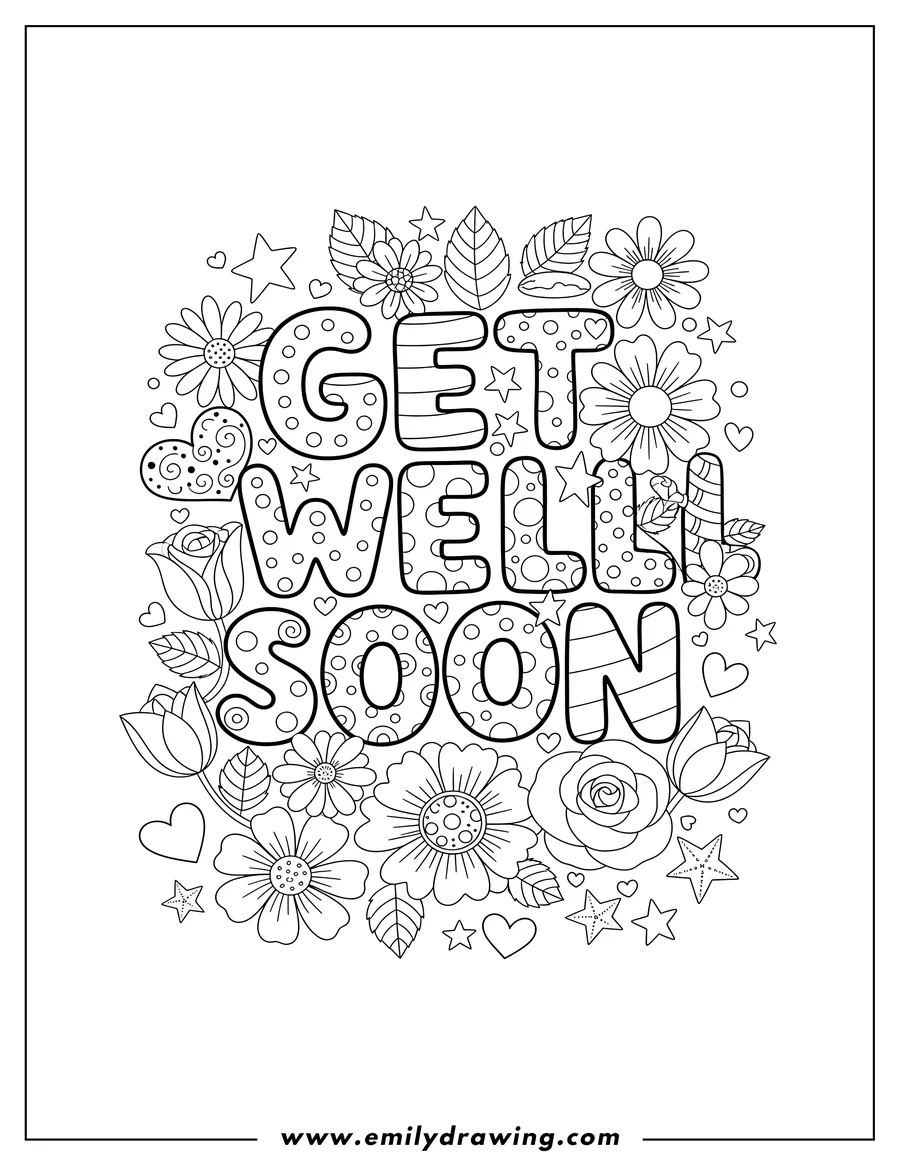 Vector style outline of patterned Get Well Soon Words with flowers, hearts, and stars coloring page
