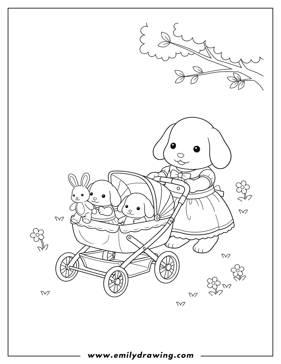 Downloadable coloring page of calico Critters Patty And Paden Double Stroller, with a mother dog pushing two puppies, one holding a toy bunny