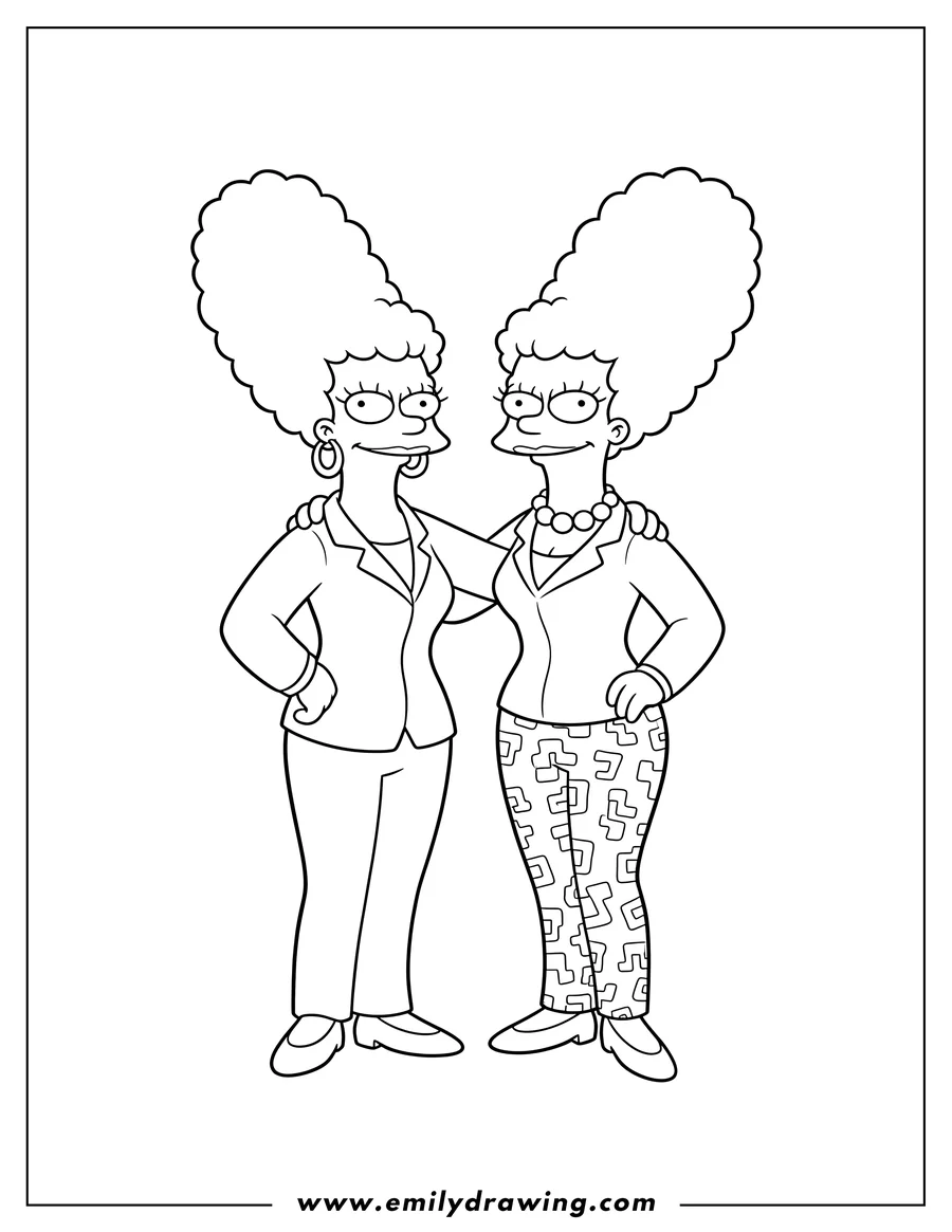 Full page coloring image of cool Patty And Selma Bouvier posing together