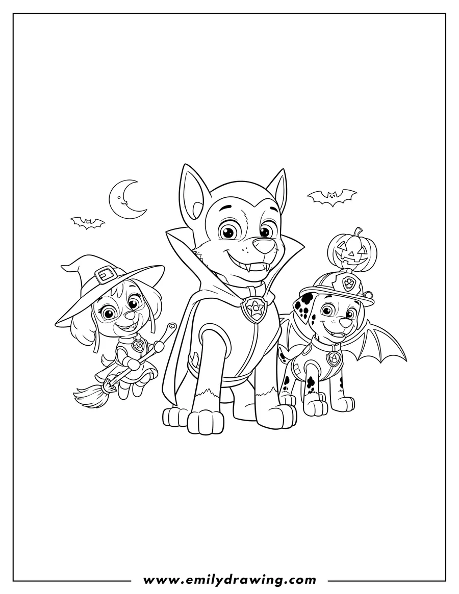 Coloring page for kids: paw Patrol Halloween Theme Scaled, featuring vampire Chase, witch Skye, and bat-dog Marshall