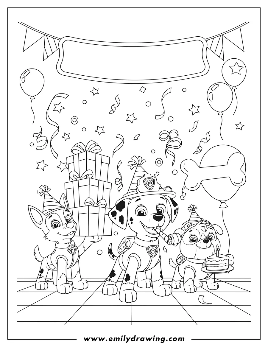 Doodle style coloring picture of paw Patrol Happy Birthday Parties Scaled featuring Marshall, Chase, and Rubble, with gifts and a party blower