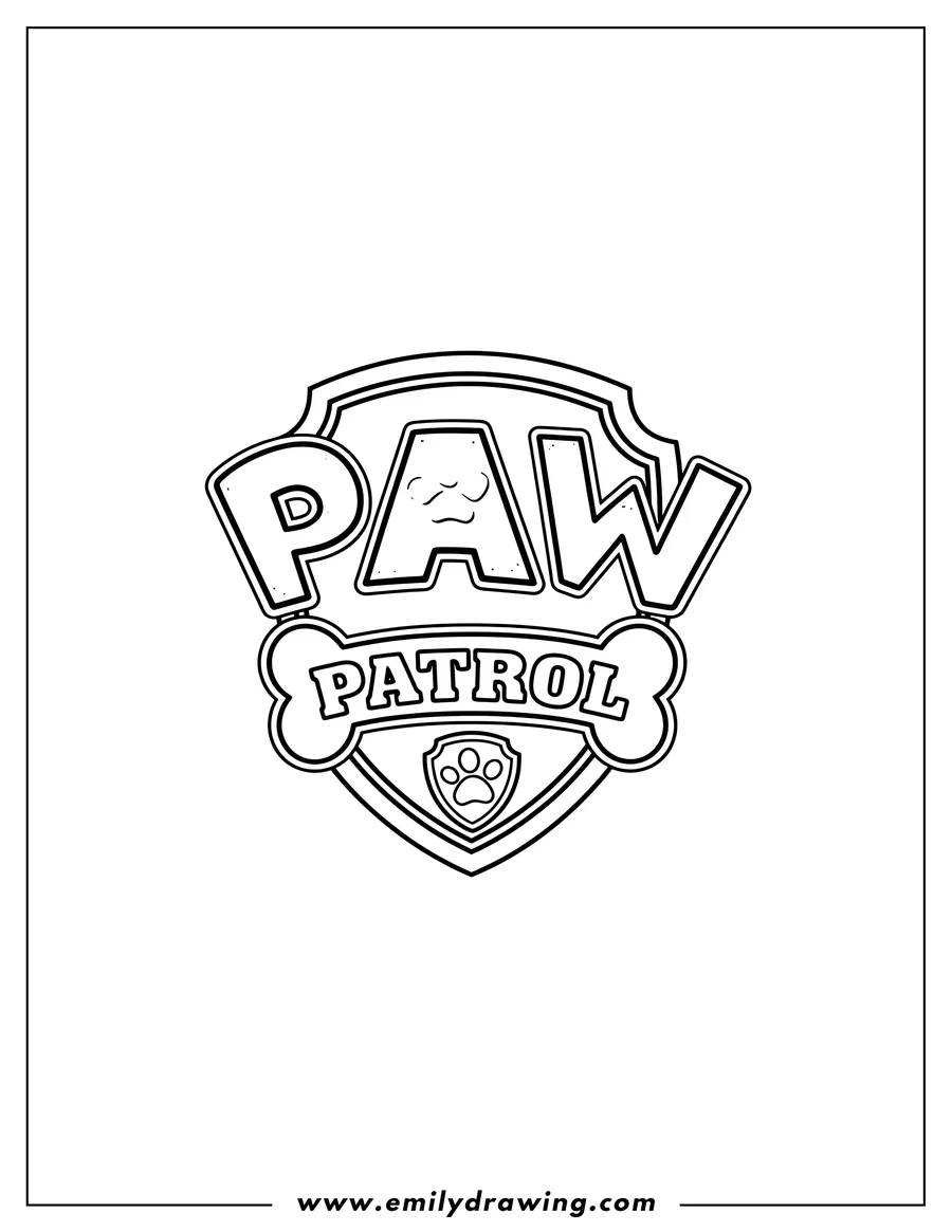 Printable line art of paw Patrol Logo with a paw print, 'PATROL' on a bone, and a shield badge