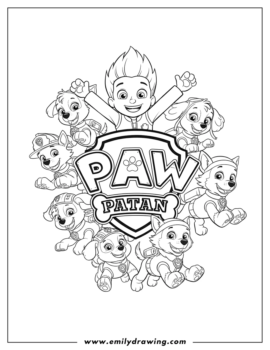 Outline drawing of paw Patrol logo with Ryder and all pups surrounding it, smiling and jumping