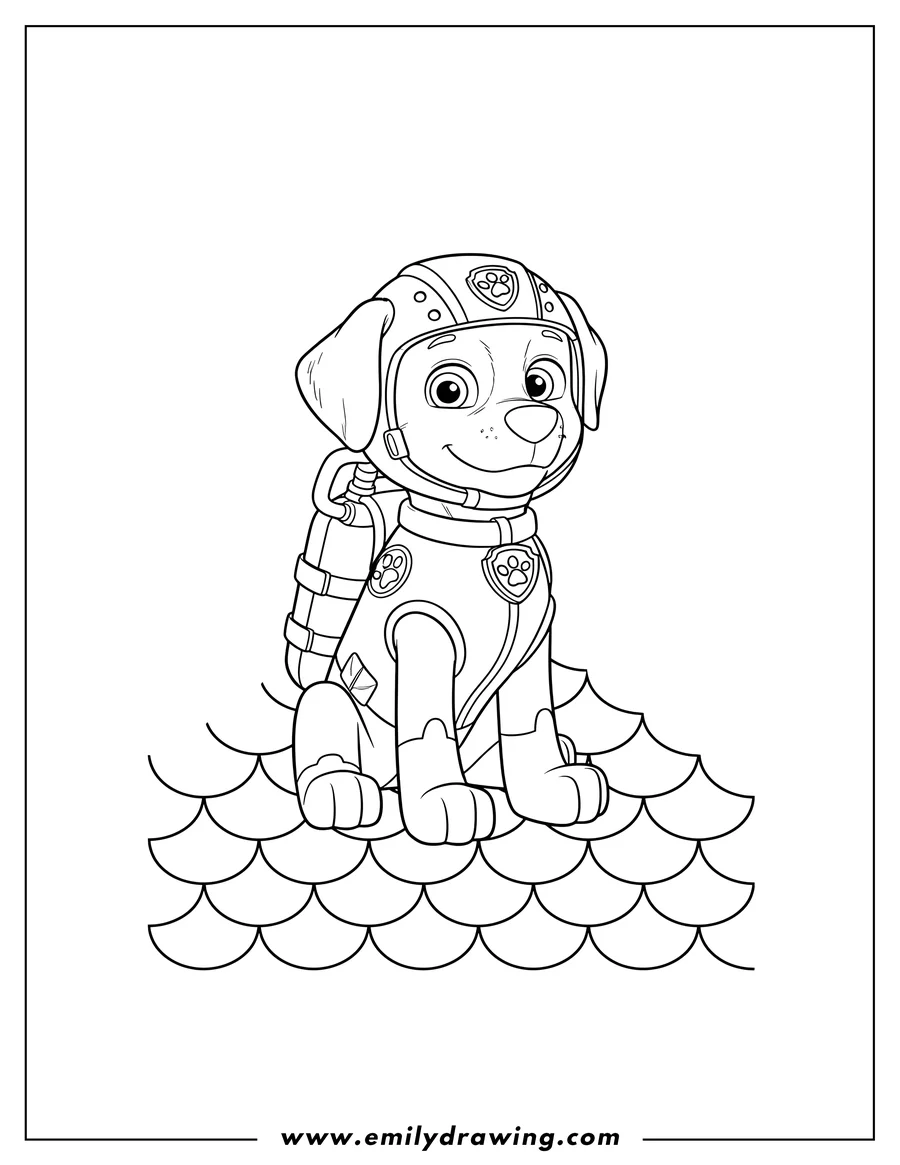 Coloring sheet featuring paw Patrol Sea Rescue Scaled, featuring Zuma sitting and wearing his helmet and scuba gear