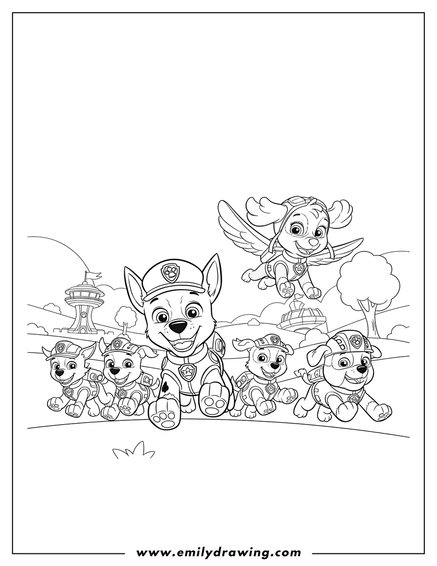 Printable line art of paw Patrol Tv, multiple pups running and smiling