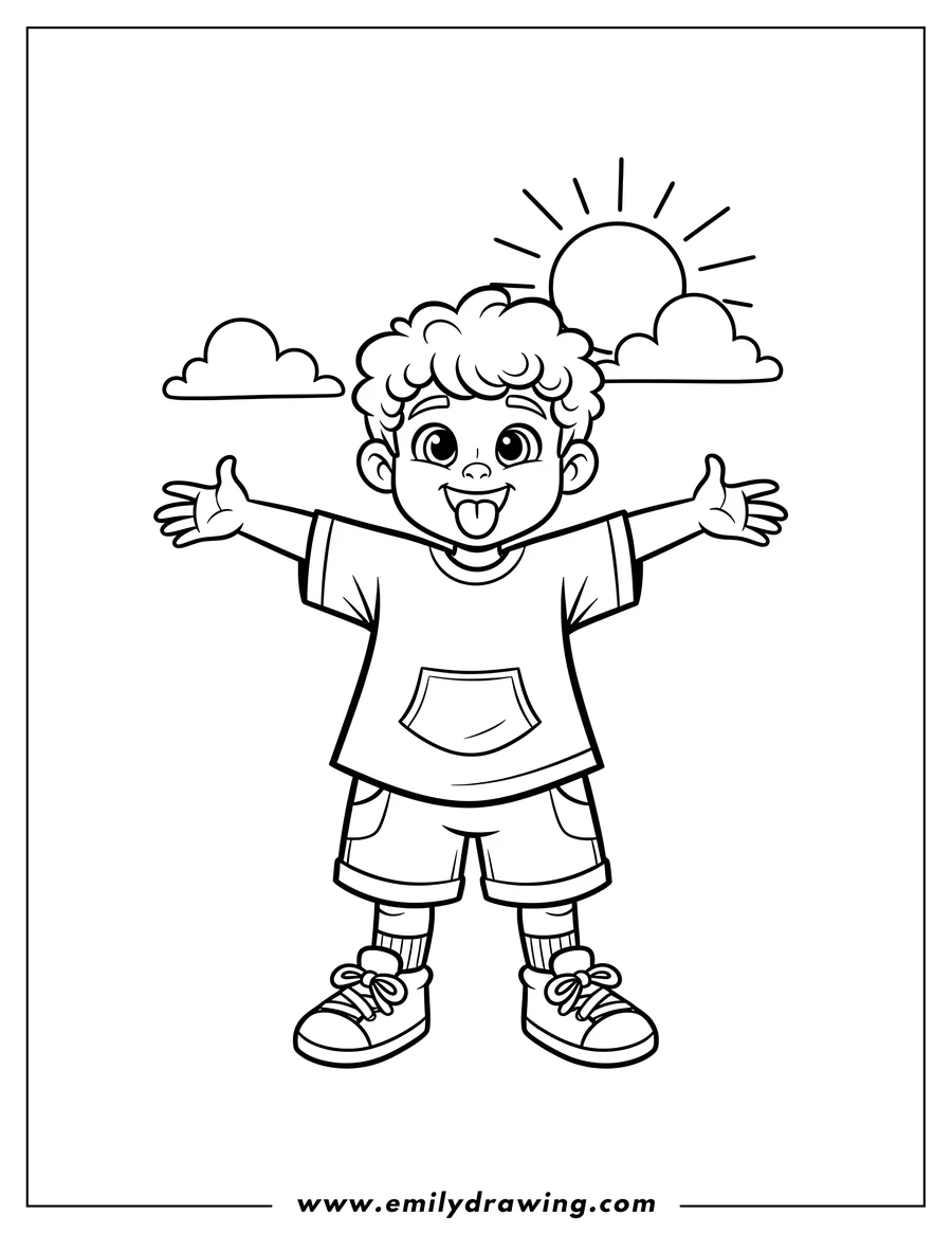 Full page coloring image of cute Paxton Pocket Preschooler boy sticking his tongue out with arms open