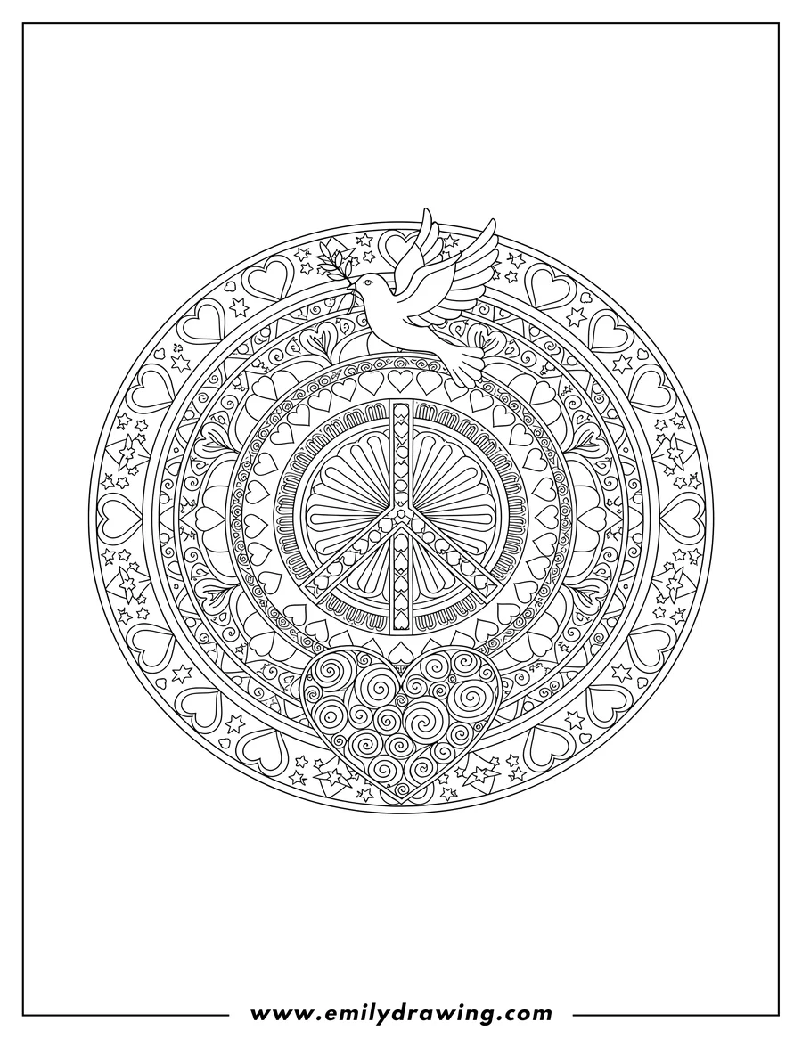 Printable coloring page of peace Sign Mandala with a Dove Holding an Olive Branch at the Top and a Heart at the Bottom