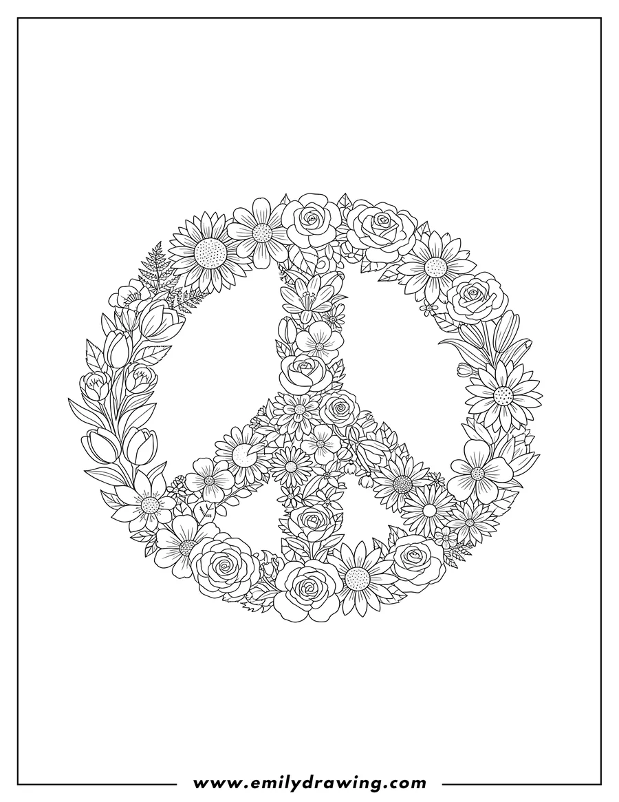 PDF style coloring page: peace Symbol Made Up Different Flowers, outline drawing