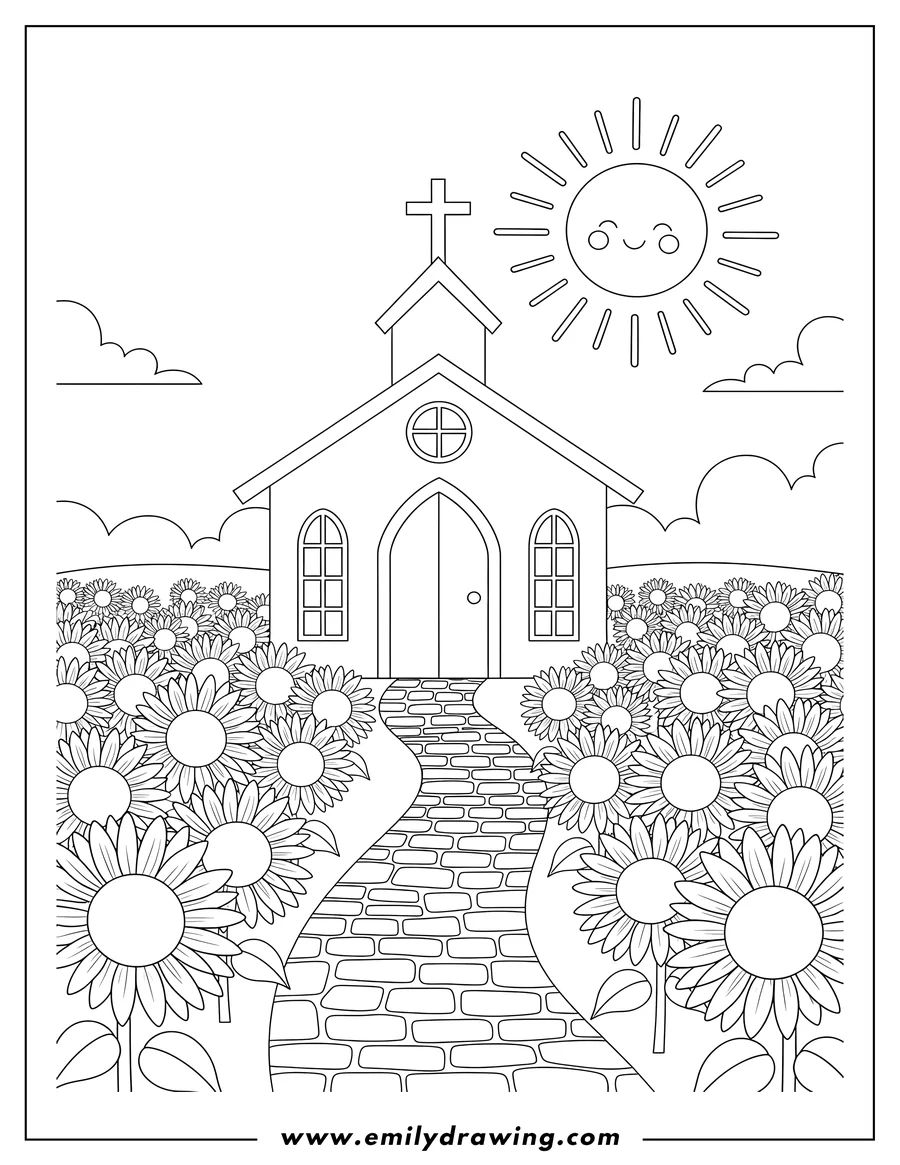 Downloadable coloring page of peaceful Chapel with a cross and a path, surrounded by sunflowers, under a happy sun