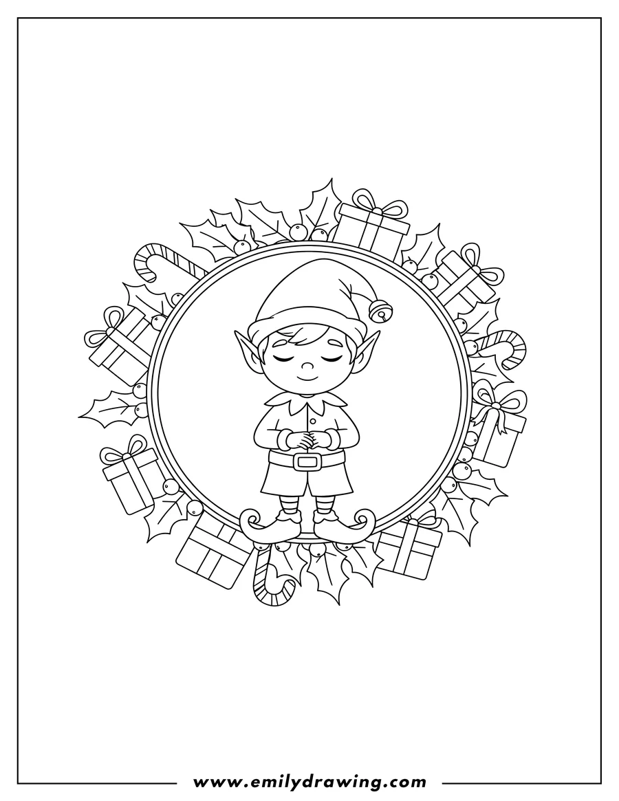 Doodle style coloring picture of peaceful elf with closed eyes, inside a circular frame, surrounded by holly, candy canes, and gift boxes