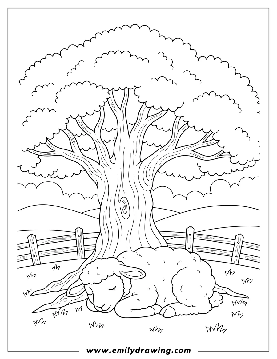 Free to print drawing of peaceful Lamb sleeping with eyes closed under a large tree Pasture With Fence And Rolling Hills Preschoolers
