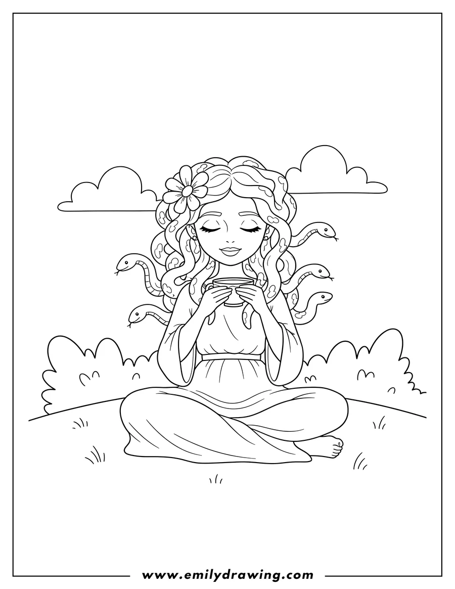 Full page coloring image of peaceful Medusa sitting, holding a teacup with both hands, with snake hair and a flower in her hair
