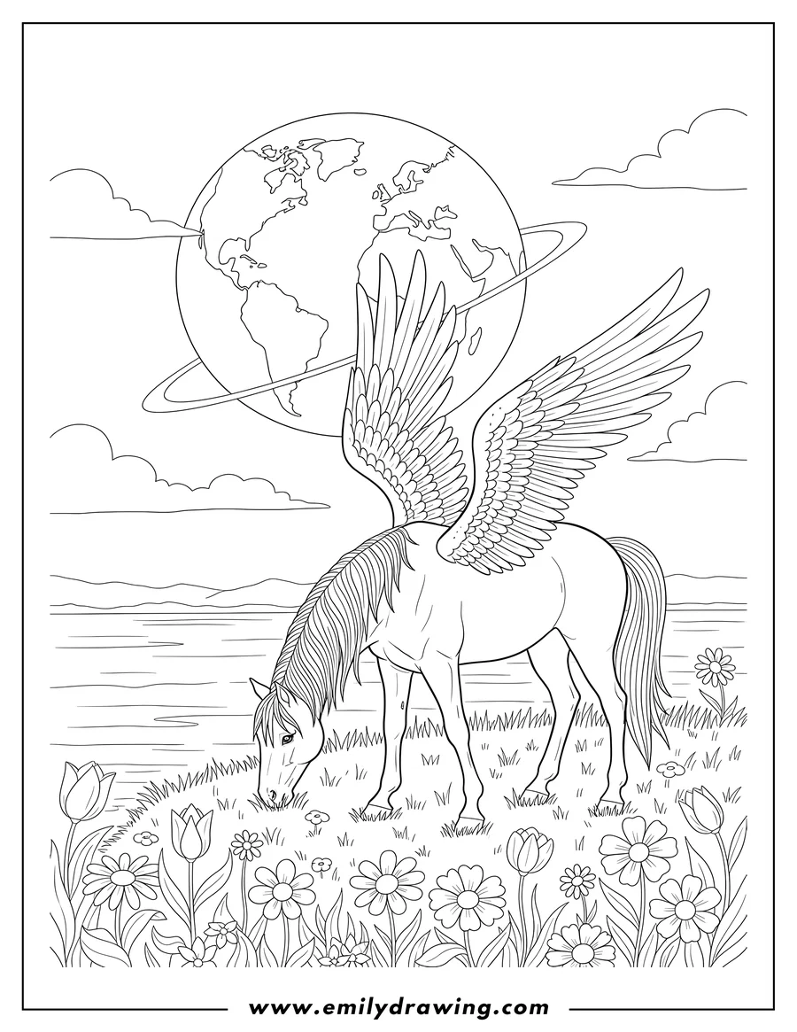 Outline drawing of peaceful Pegasus grazing on flowery grass by a lake, under an Earth-like moon