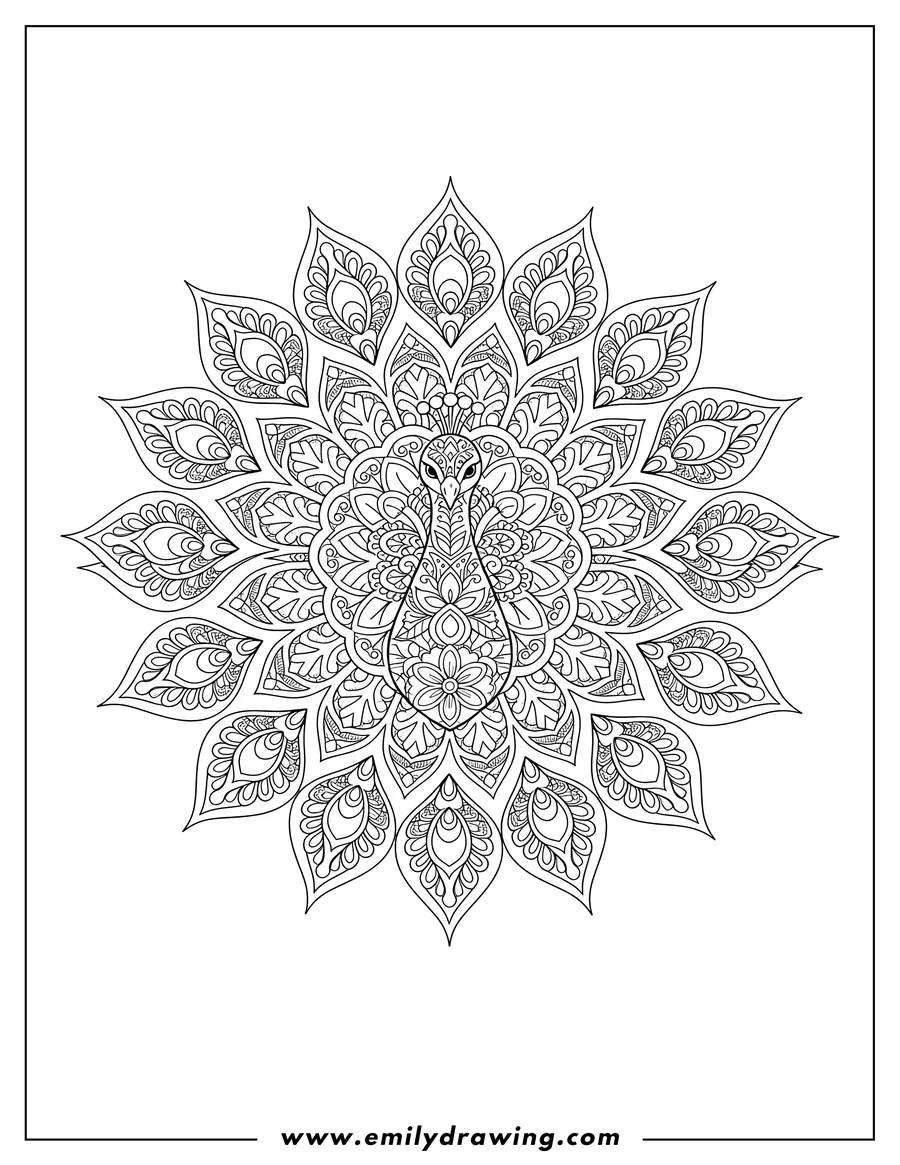Coloring page of peacock facing forward with fanned ornamental mandala style tail feathers and floral patterns
