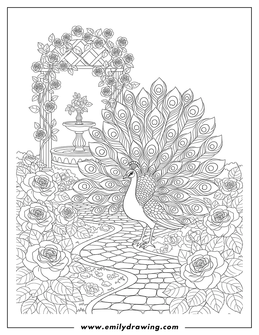 Simple sketch of peacock standing with a long, flowing tail in a blooming rose garden with architectural details to color
