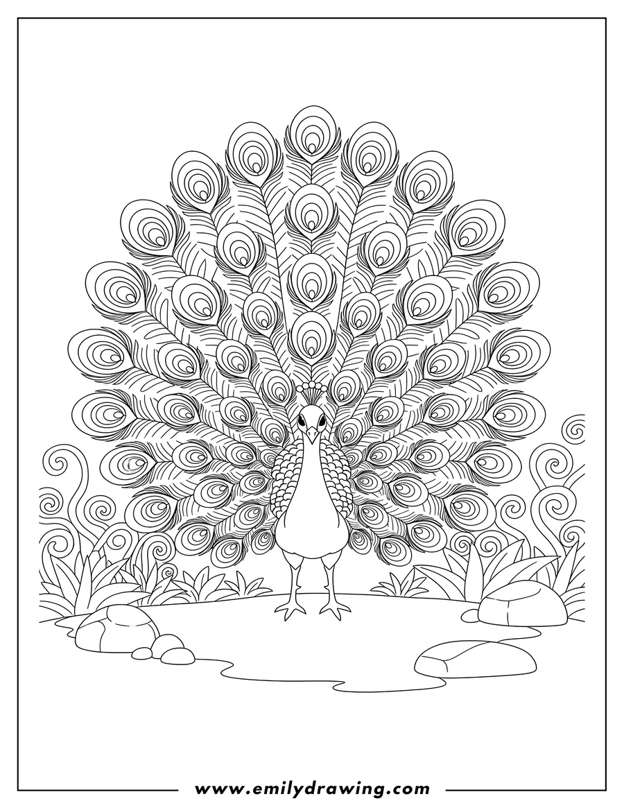 High quality printable peacock with its tail feathers fully fanned out, standing for coloring
