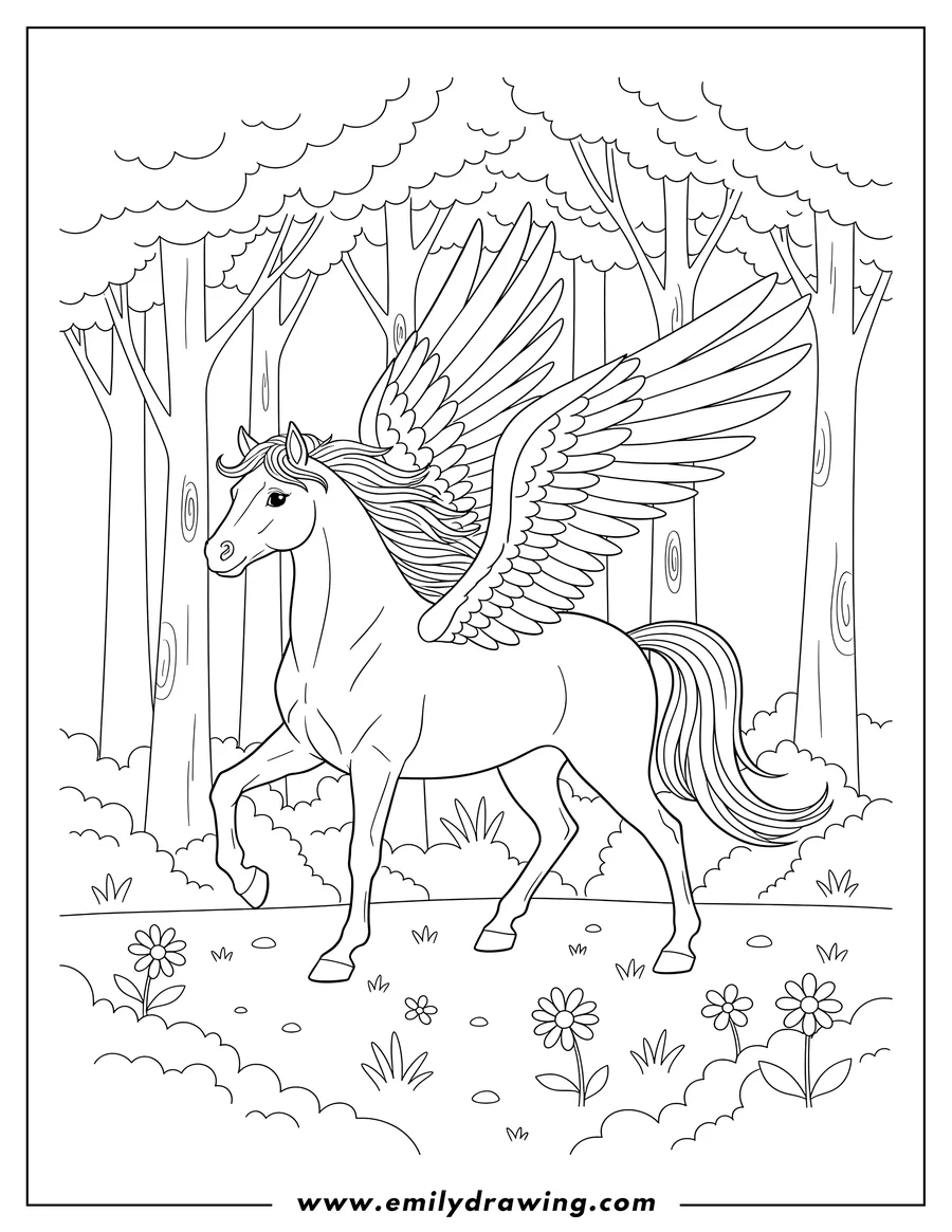 Free printable coloring sheet of pegasus Trotting Forest with spread wings, looking over its shoulder
