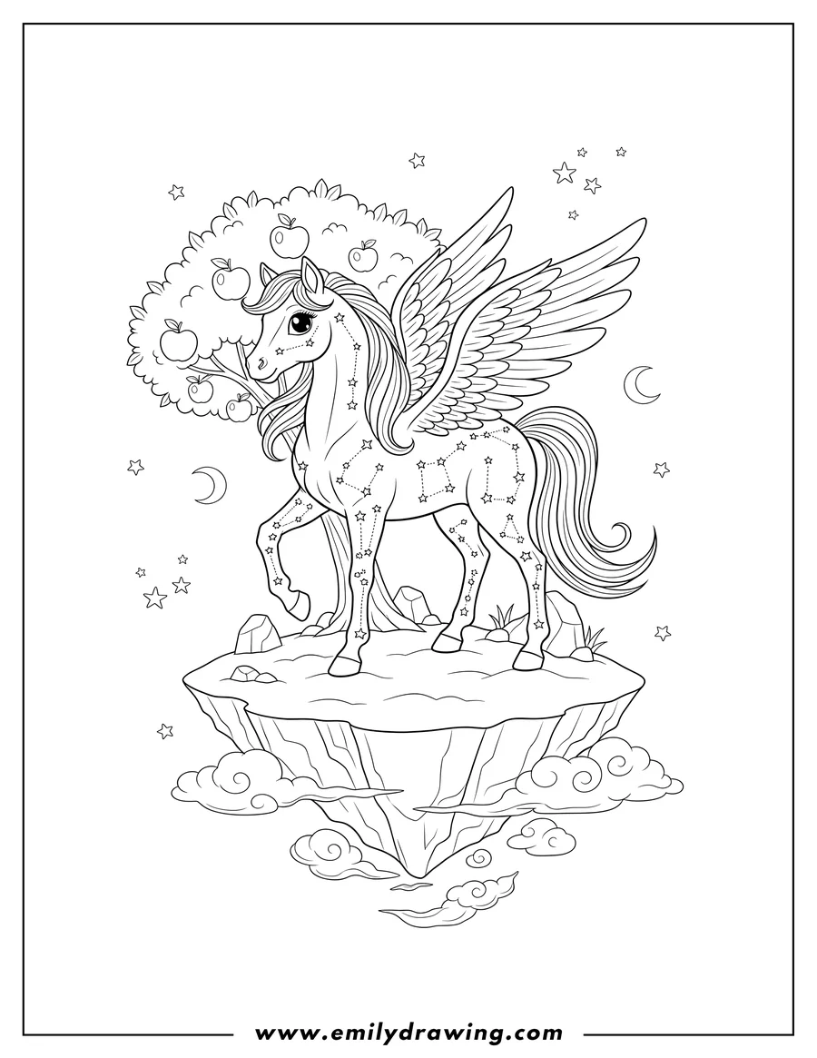 Printable coloring page of pegasus with constellations on its body, standing on a floating island