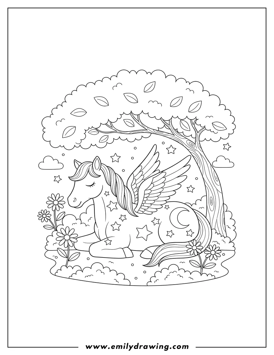 Coloring sheet featuring pegasus with starry flank sleeping with eyes closed under a tree in a garden