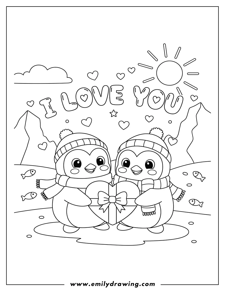 Free to print drawing of I Love You Penguin Couple holding a heart gift together, with I LOVE YOU lettering above and small hearts, Arctic Landscape, Preschoolers