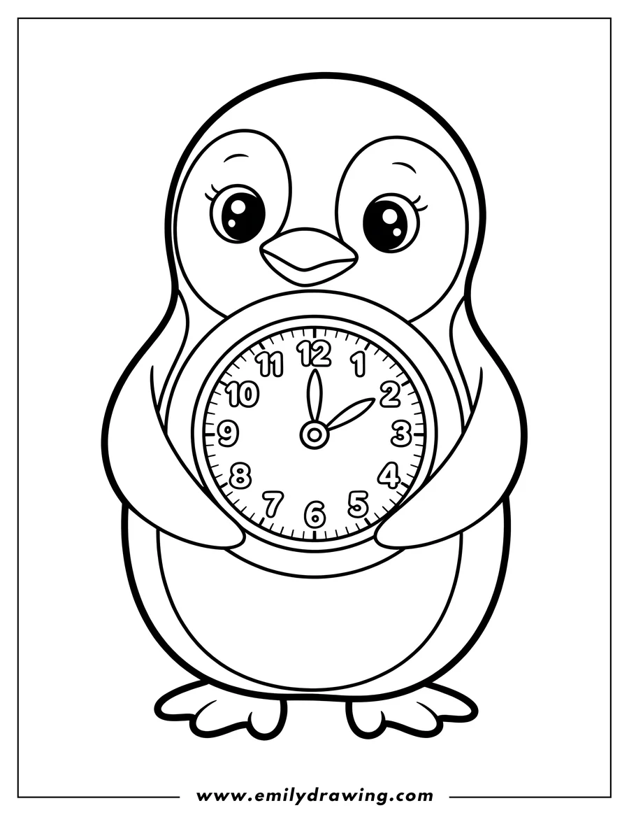 Line art of a cartoon penguin holding a round analog clock with numbers 1 through 12.