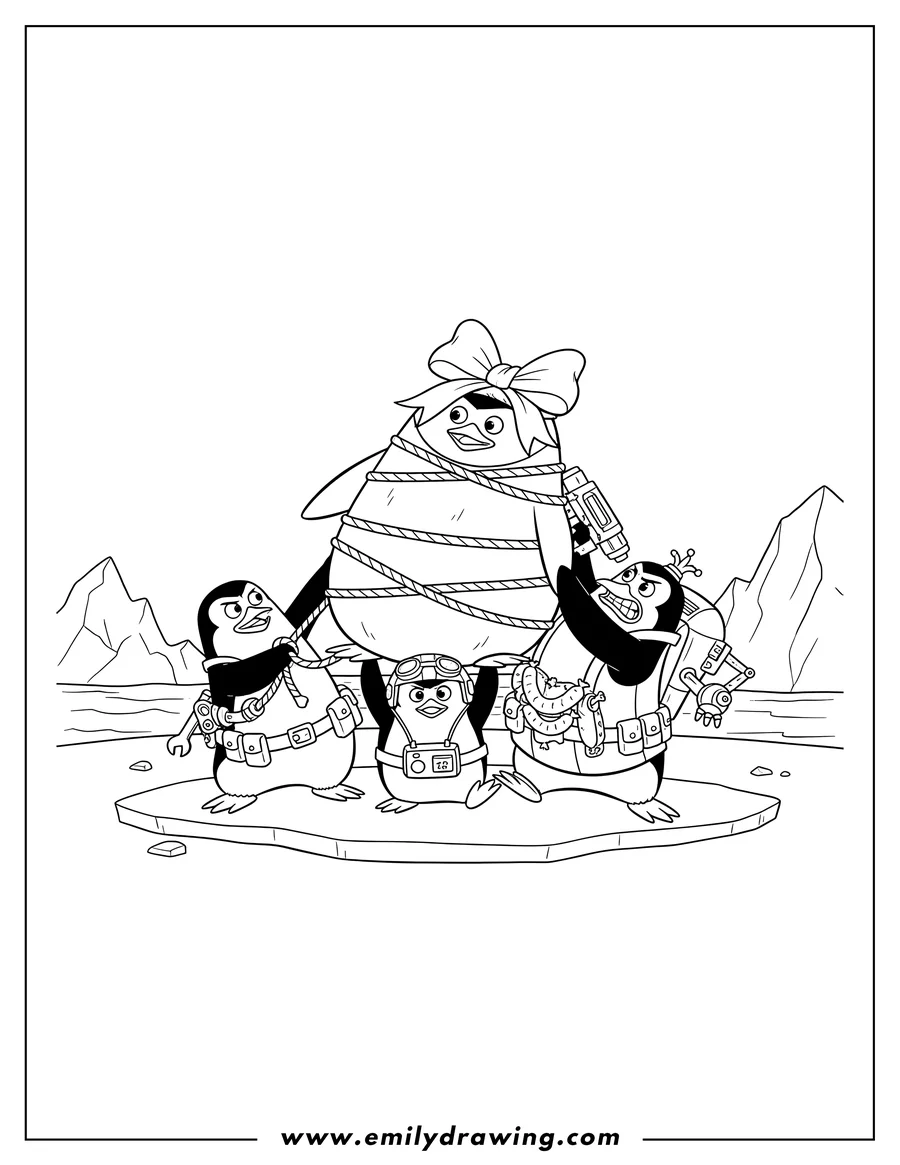 Printable coloring page of penguins Madagascar Skipper Kowalski Rico And Private armed with gadgets, hoisting a wrapped penguin