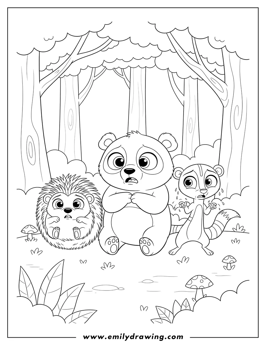 Outline drawing of penny Ling, Russel Ferguson, and Sunil Nevla looking scared in the forest