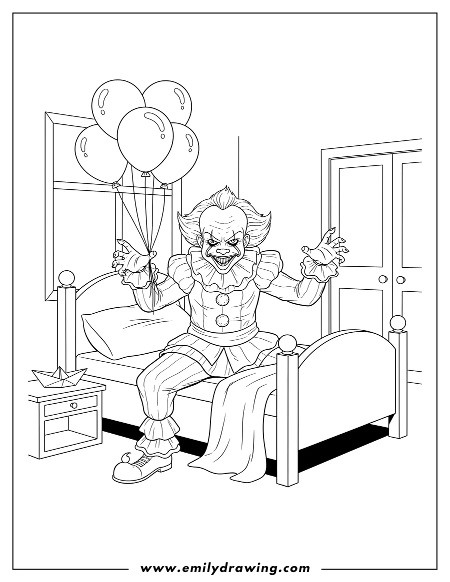 Black and white line art of pennywise with a sinister smile and outstretched hands, crawling from bed