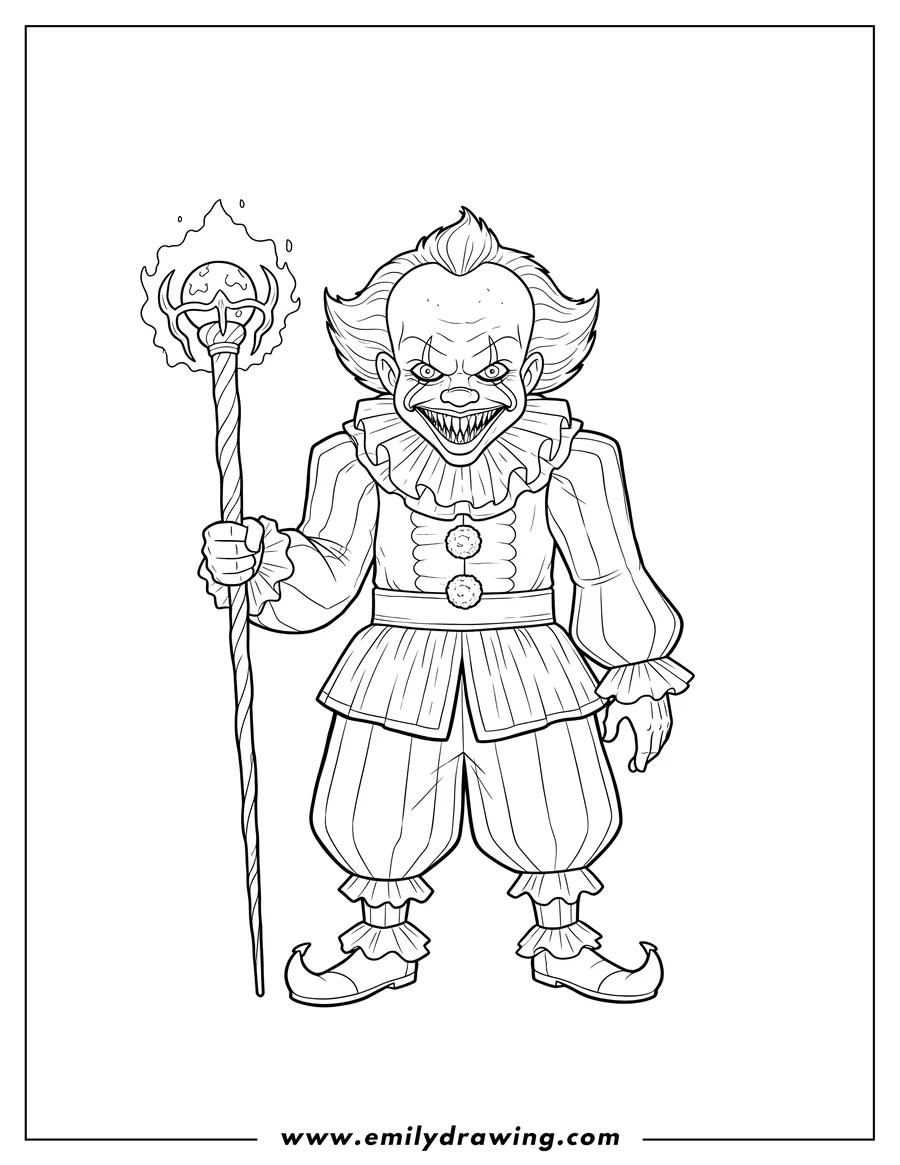 High quality printable stephen King Pennywise Clown holding a staff, grinning menacingly for coloring