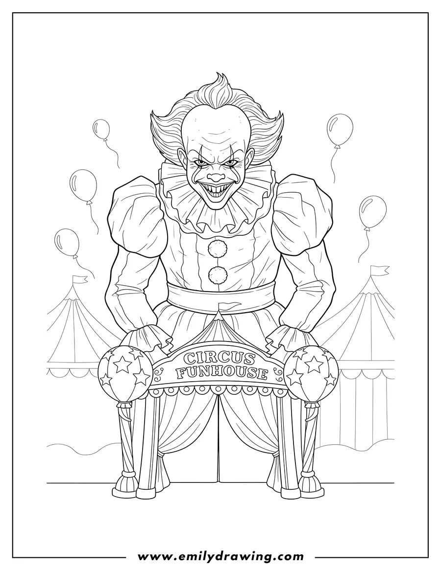 Free to print drawing of pennywise with a sinister grin and ruffled collar looming over circus entrance