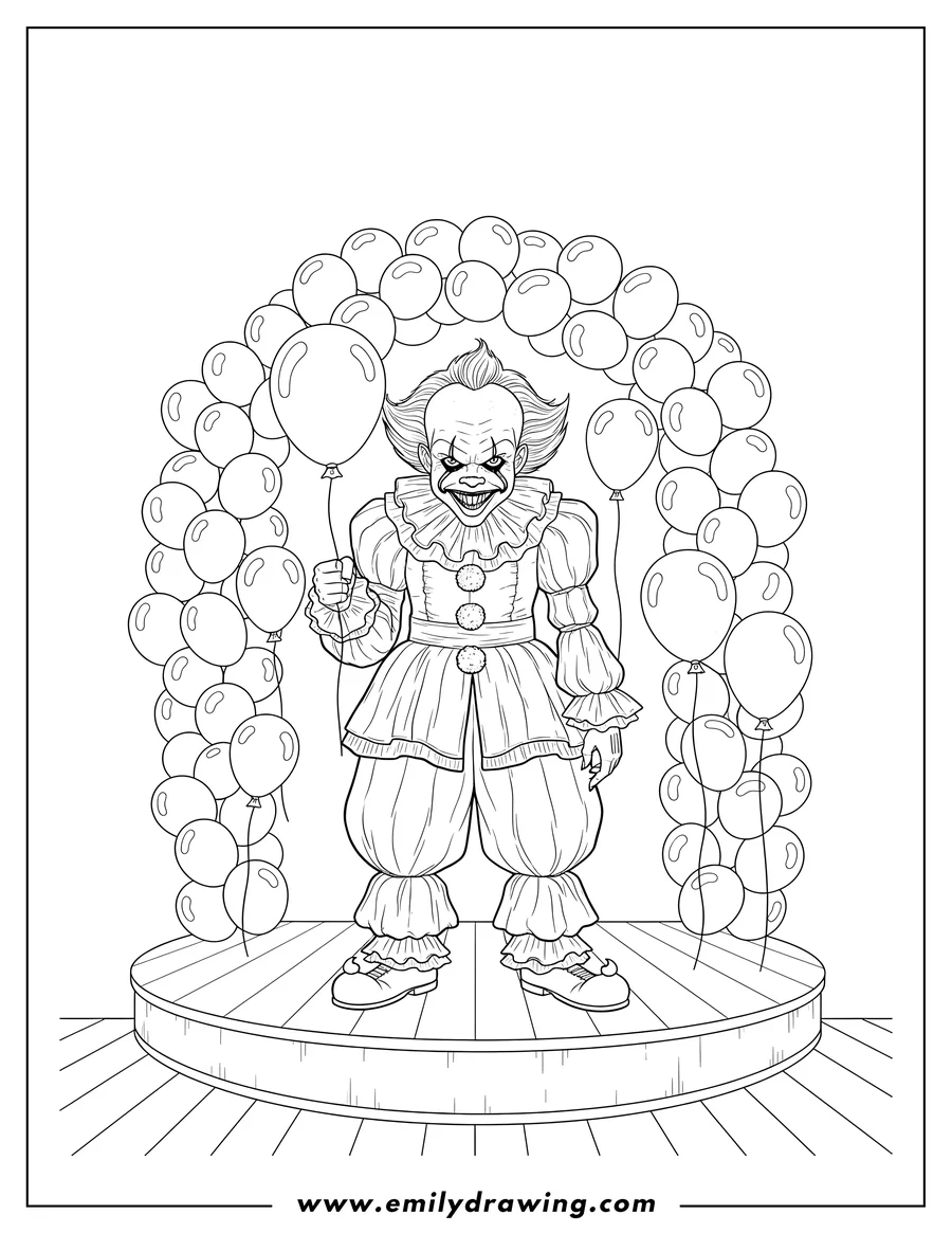 Printable line art of pennywise the clown standing with a scary face on a stage, surrounded by balloons in a circular arch