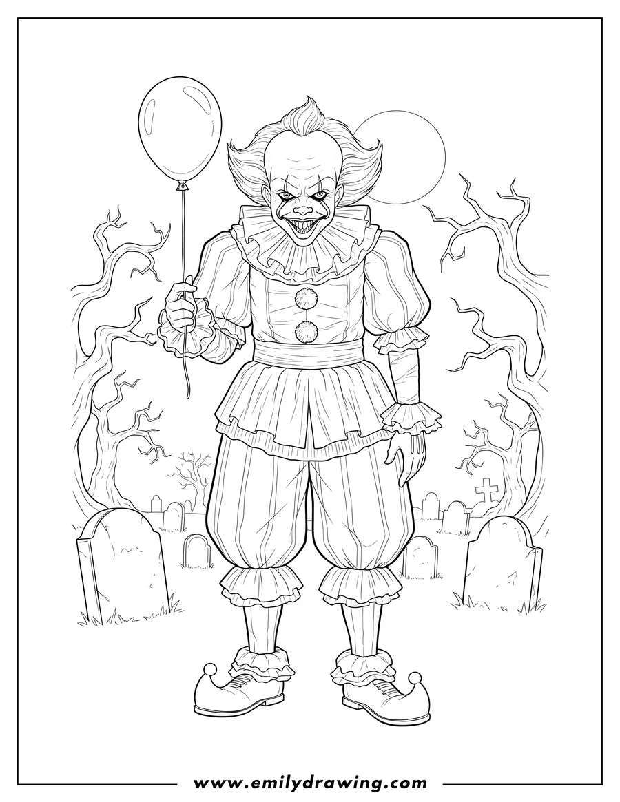 PDF style coloring page: pennywise Standing in a ruffled clown costume with a creepy grin in a cemetery