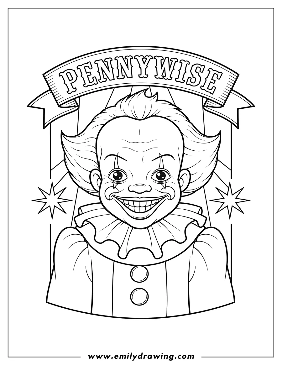 Printable coloring page of pennywise Vintage Circus Poster, grinning, with ruffled collar and a 'PENNYWISE' text banner